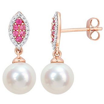 Stella Grace 14k Rose Gold Freshwater Cultured Pearl, Pink Sapphire & 1/7 Carat T.W. Diamond Halo Drop Earrings