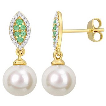 Stella Grace 14k Gold Freshwater Cultured Pearl, Emerald & 1/7 Carat T.W. Diamond Halo Drop Earrings