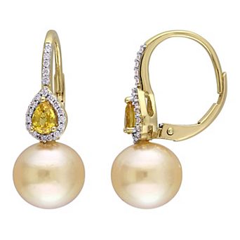 Stella Grace 14k Gold South Sea Cultured Pearl, Yellow Sapphire & 1/8 Carat T.W. Diamond Drop Leverback Earrings