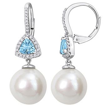 Stella Grace 14k White Gold Freshwater Cultured Pearl, Sky Blue Topaz & 1/4 Carat T.W. Diamond Drop Leverback Earrings