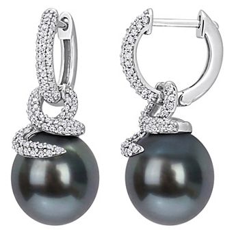 Stella Grace 14k White Gold Black Tahitian Cultured Pearl & 1/2 Carat T.W. Diamond Twisted Huggie Earrings