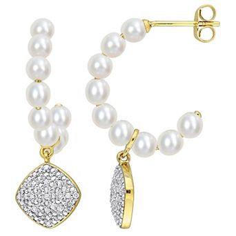 Stella Grace 10k Gold Freshwater Cultured Pearl & 1/10 Carat T.W. Diamond Beaded Drop Earrings