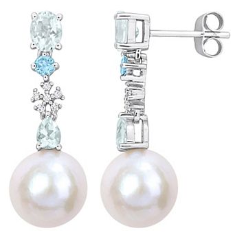 Stella Grace 14k White Gold Freshwater Cultured Pearl, London Blue Topaz, Aquamarine & Diamond Accent Drop Stud Earrings