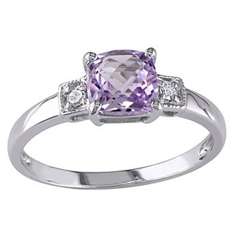 Stella Grace Sterling Silver Cushion-Cut Amethyst & Diamond Accent 3-Stone Ring