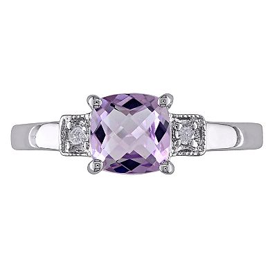 Stella Grace Sterling Silver Cushion-Cut Amethyst & Diamond Accent 3-Stone Ring