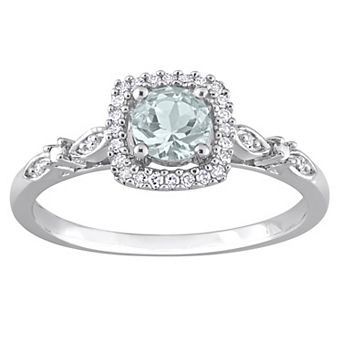 Stella Grace Sterling Silver Aquamarine & 1/10 Carat T.W. Diamond Square Halo Ring