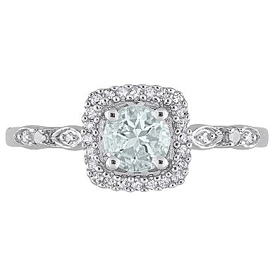 Stella Grace Sterling Silver Aquamarine & 1/10 Carat T.W. Diamond Square Halo Ring