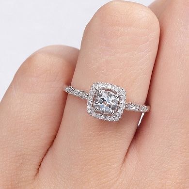 Stella Grace Sterling Silver Aquamarine & 1/10 Carat T.W. Diamond Square Halo Ring
