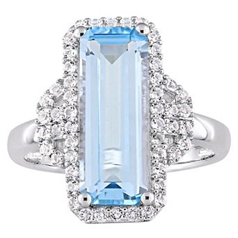 Stella Grace Sterling Silver Octagon-Shape Sky Blue Topaz & White Topaz Halo Ring