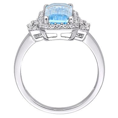Stella Grace Sterling Silver Octagon-Shape Sky Blue Topaz & White Topaz Halo Ring