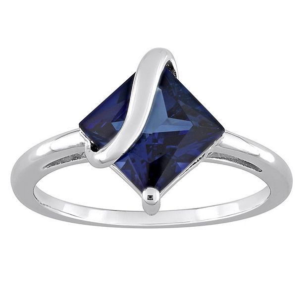 Sterling Silver Lab-Created Blue Sapphire Square Princess & CZ Ring Sterling Silver Lab-Created Blue Sapphire Square Princess & CZ Ring
