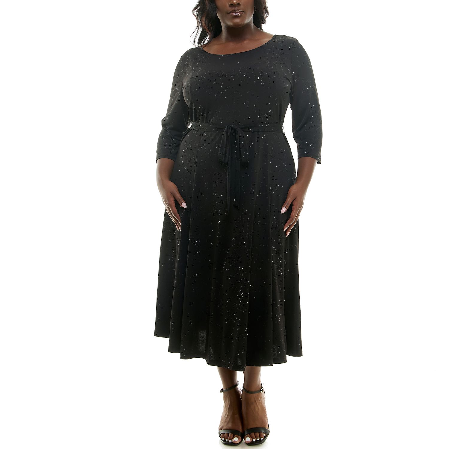 Plus Size Nina Leonard Glitter Sylvia Three-Quarter Sleeve Midi Dress