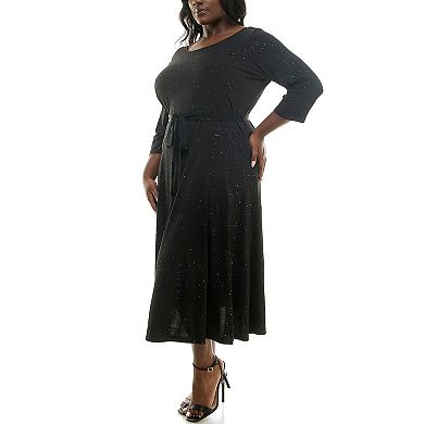 Plus Size Nina Leonard Glitter Sylvia Three-Quarter Sleeve Midi Dress