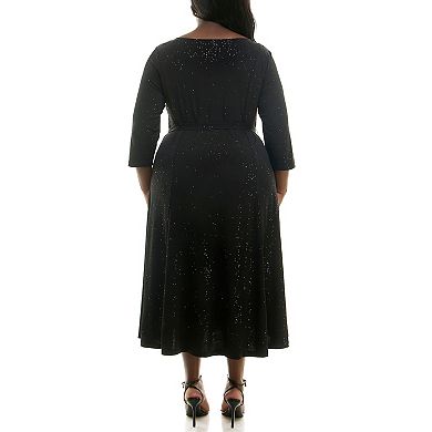 Plus Size Nina Leonard Glitter Sylvia Three-Quarter Sleeve Midi Dress