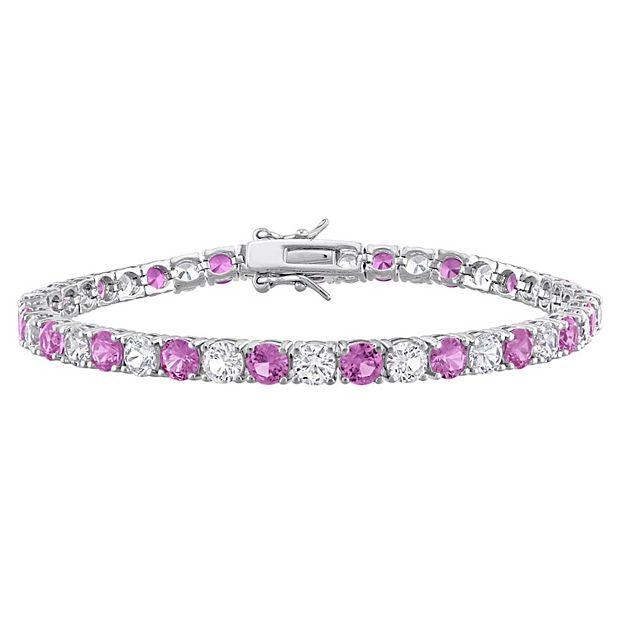 FAS 925 Sterling Silver Pink Gemstone Flower Station Tennis Bracelet 7\