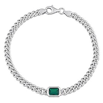 Stella Grace Sterling Silver Octagon Lab-Created Emerald Curb Link Chain Bracelet
