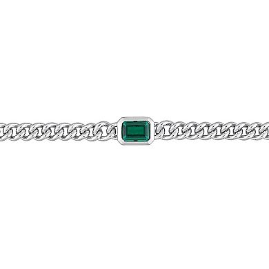Stella Grace Sterling Silver Octagon Lab-Created Emerald Curb Link Chain Bracelet