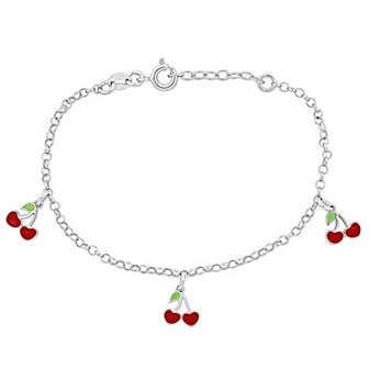 Stella Grace Sterling Silver Red & Green Enamel Cherry Charm Rolo Chain Bracelet