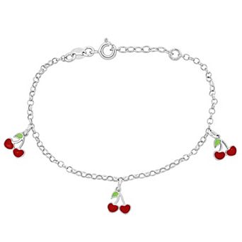 Stella Grace Sterling Silver Red & Green Enamel Cherry Charm Rolo Chain Bracelet