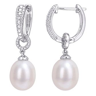 Stella Grace Sterling Silver Freshwater Cultured Pearl & Diamond Accent Drop Hoop Earrings
