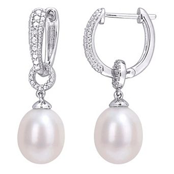 Stella Grace Sterling Silver Freshwater Cultured Pearl & Diamond Accent Drop Hoop Earrings
