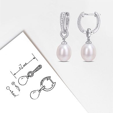 Stella Grace Sterling Silver Freshwater Cultured Pearl & Diamond Accent Drop Hoop Earrings