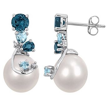 Stella Grace Sterling Silver Freshwater Cultured Pearl, Sky & London Blue Topaz & Diamond Accent Drop Earrings