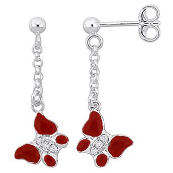 Stella Grace Sterling Silver Cubic Zirconia & Red Enamel Butterfly Drop Earrings