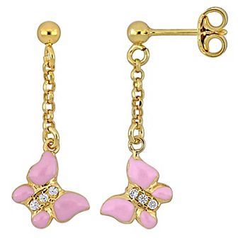 Stella Grace Sterling Silver Cubic Zirconia & Pink Enamel Butterfly Drop Earrings