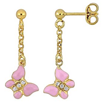 Stella Grace Sterling Silver Cubic Zirconia & Pink Enamel Butterfly Drop Earrings