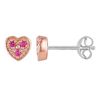 Stella Grace Two Tone Sterling Silver Lab-Created Pink Sapphire Heart Stud Earrings