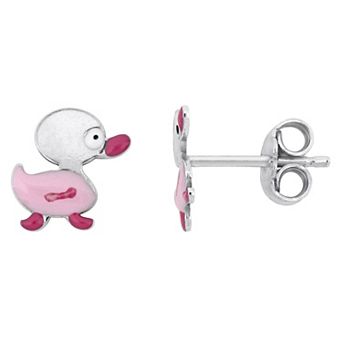 Stella Grace Sterling Silver Pink Enamel Duck Stud Earrings
