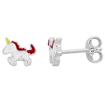 Stella Grace Sterling Silver Pink, White & Yellow Enamel Unicorn Stud Earrings