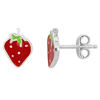 Stella Grace Sterling Silver Red & Green Enamel Strawberry Stud Earrings