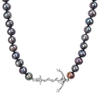 Stella Grace Black Freshwater Cultured Pearl Strand & Anchor Charm Necklace