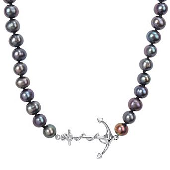 Stella Grace Black Freshwater Cultured Pearl Strand & Anchor Charm Necklace