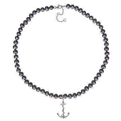 Stella Grace Men's Black Freshwater Cultured Pearl Strand & Anchor Charm Necklace