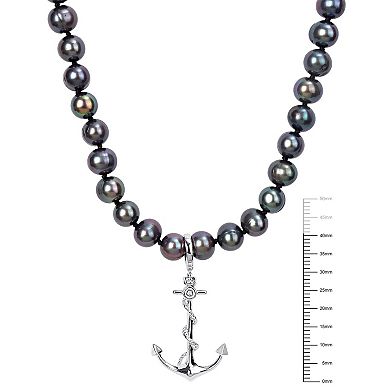 Stella Grace Men's Black Freshwater Cultured Pearl Strand & Anchor Charm Necklace