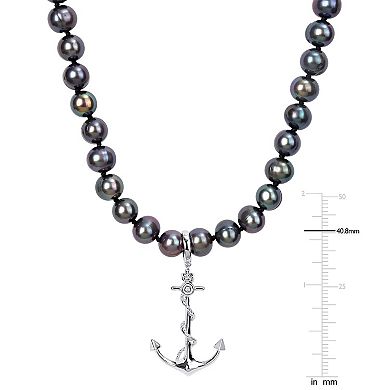 Stella Grace Men's Black Freshwater Cultured Pearl Strand & Anchor Charm Necklace