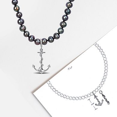 Stella Grace Men's Black Freshwater Cultured Pearl Strand & Anchor Charm Necklace