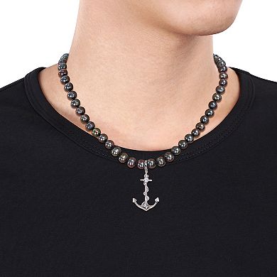 Stella Grace Men's Black Freshwater Cultured Pearl Strand & Anchor Charm Necklace