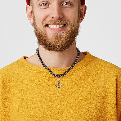 Stella Grace Men's Black Freshwater Cultured Pearl Strand & Anchor Charm Necklace