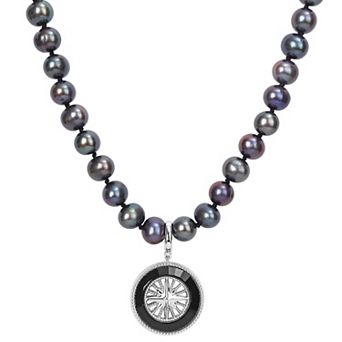 Stella Grace Men's Dyed Black Freshwater Cultured Pearl & Black Agate Necklace