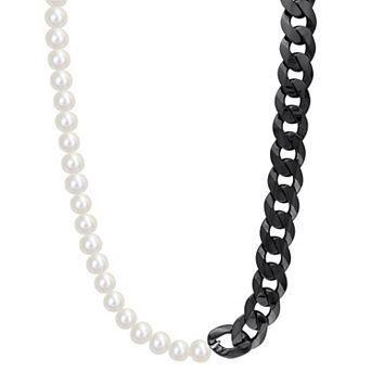 Stella Grace Men's Freshwater Cultured Pearl & Sterling Silver Black Ruthenium Plating Curb Link Chain Necklace