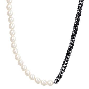 Stella Grace Men's Freshwater Cultured Pearl & Silver Black Ruthenium Curb Link Chain Necklace