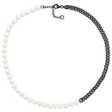 Stella Grace Men's Freshwater Cultured Pearl & Silver Black Ruthenium Curb Link Chain Necklace
