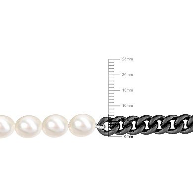 Stella Grace Men's Freshwater Cultured Pearl & Silver Black Ruthenium Curb Link Chain Necklace