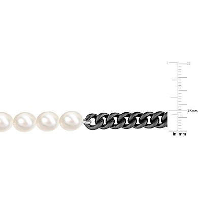 Stella Grace Men's Freshwater Cultured Pearl & Silver Black Ruthenium Curb Link Chain Necklace