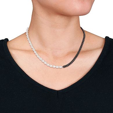 Stella Grace Men's Freshwater Cultured Pearl & Silver Black Ruthenium Curb Link Chain Necklace
