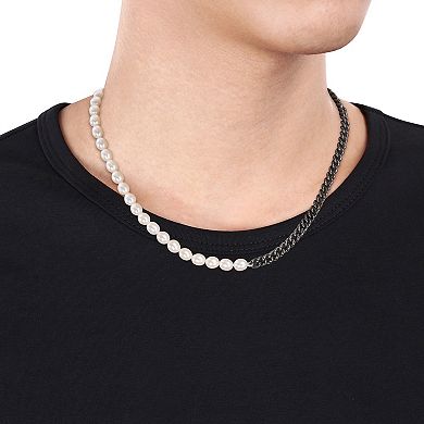 Stella Grace Men's Freshwater Cultured Pearl & Silver Black Ruthenium Curb Link Chain Necklace